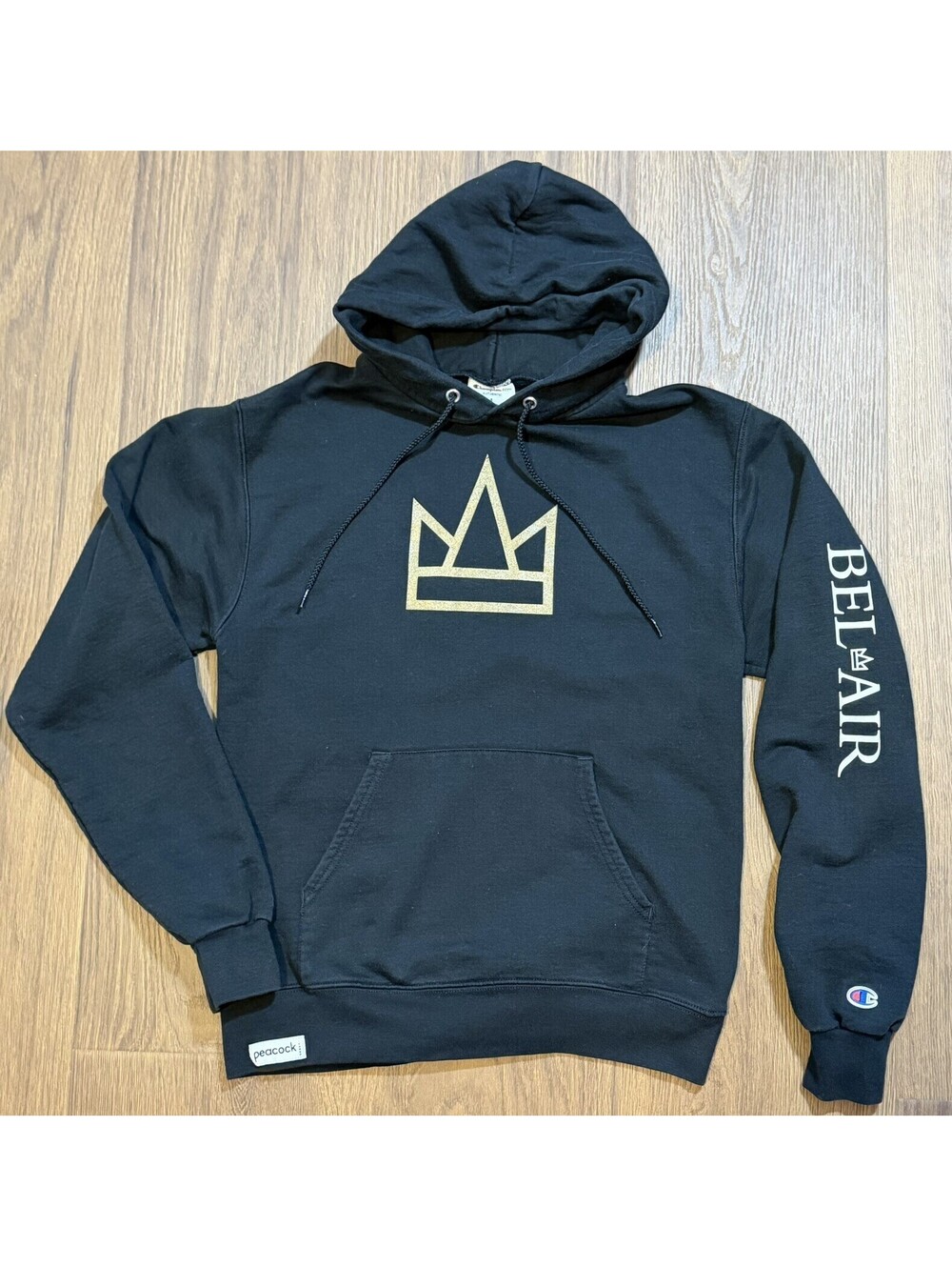 Champion x Peacock Bel-Air Hoodie Men’s Small Black Gold Crown TV Promo #15B